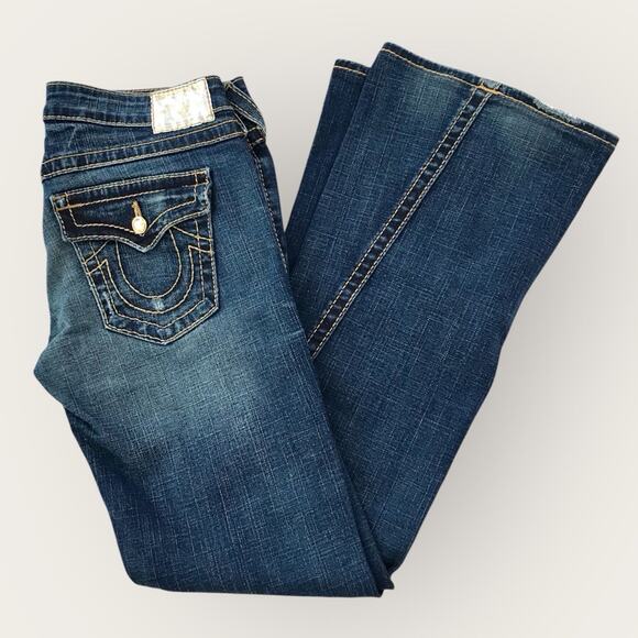 True Religion Joey Flare Swarovski Rare Yellow Crystal Denim Jeans Size 29 - Picture 1 of 11